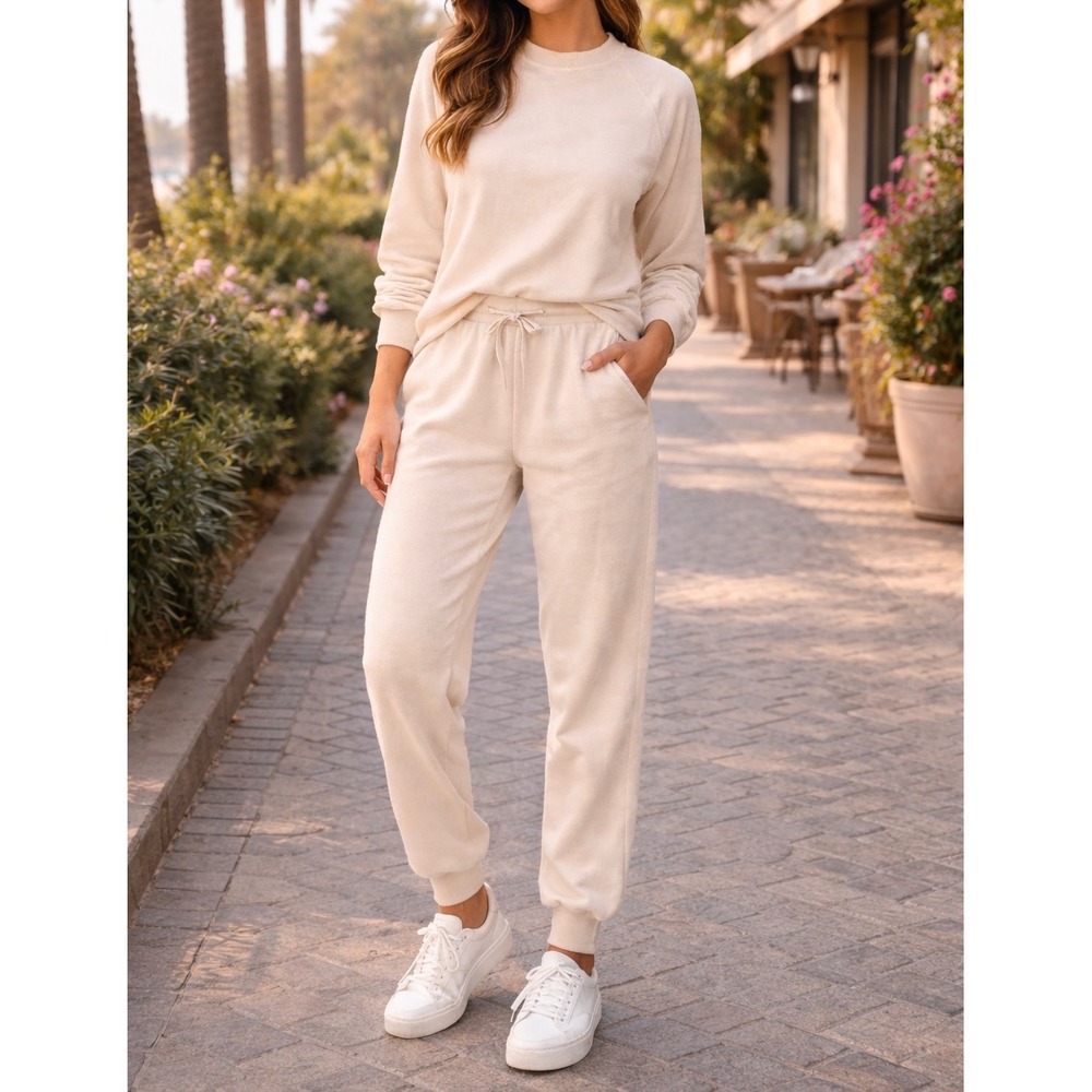 Cozy‎ Gear New York Womens Velour Loungewear Set Bone Cream CV3002CF Medium NWT